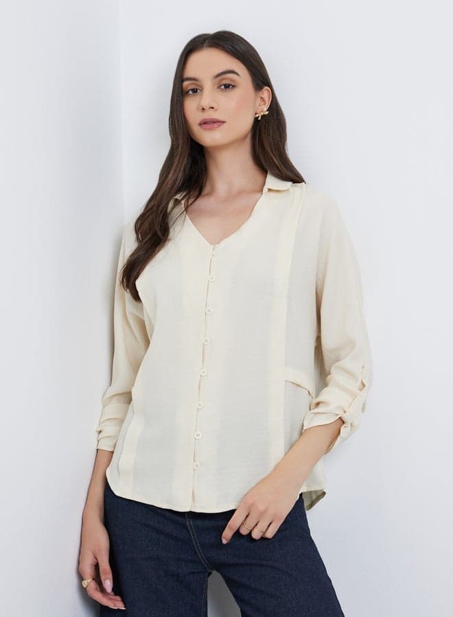 Take Two Beige Roll-Up Sleeve Buttoned Shirt - Image 1
