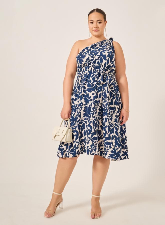 Navy Floral One-Shoulder Midi Dress 7012584603Blue - Image 1