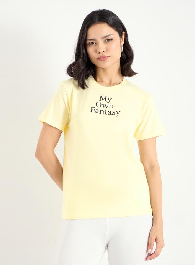 Styli Yellow Slogan Print Cotton T-Shirt - Image 1
