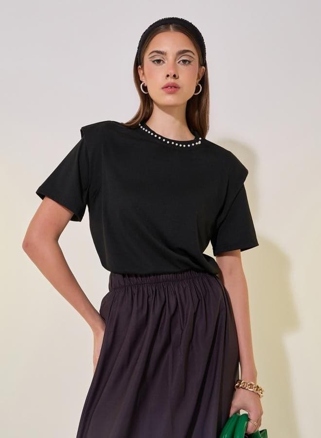 Faux Pearl Detail Round Neck Women's T-Shirt - Image 1