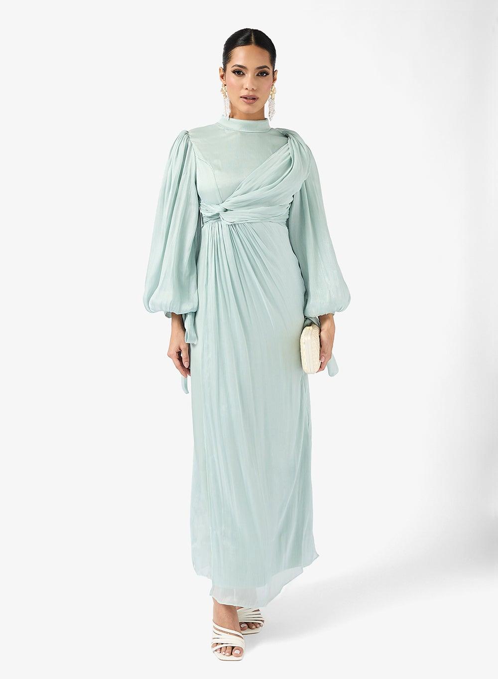Mint Green Ruched Puff Sleeve Maxi Dress AF10713 - Image 1