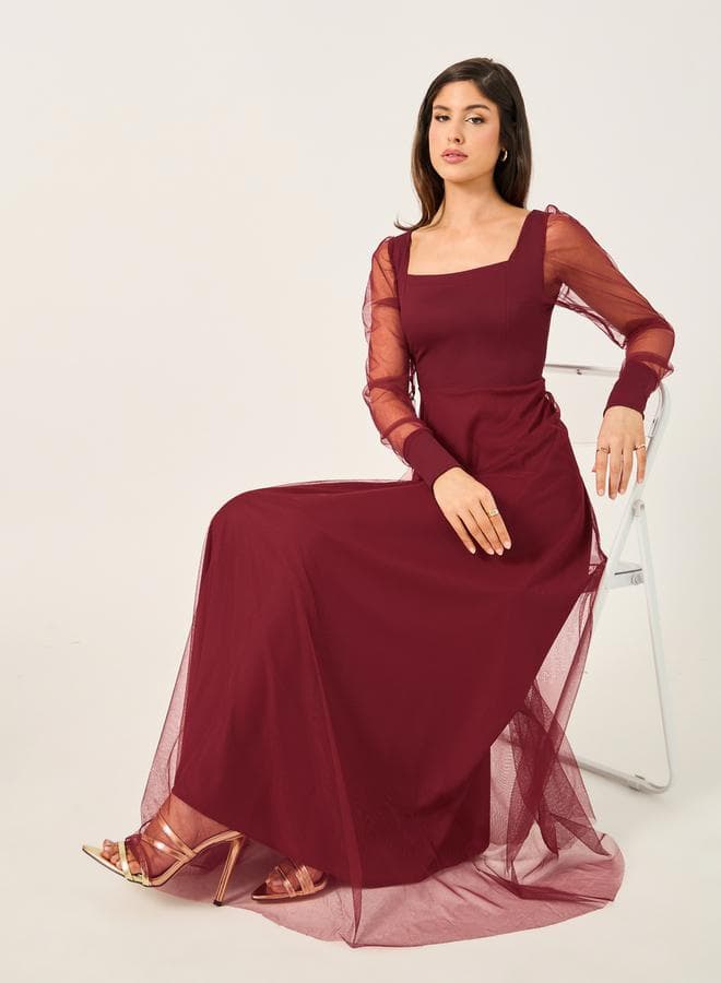 Styli Mesh Puff Sleeve Square Neck Maxi Dress Burgundy - Image 1