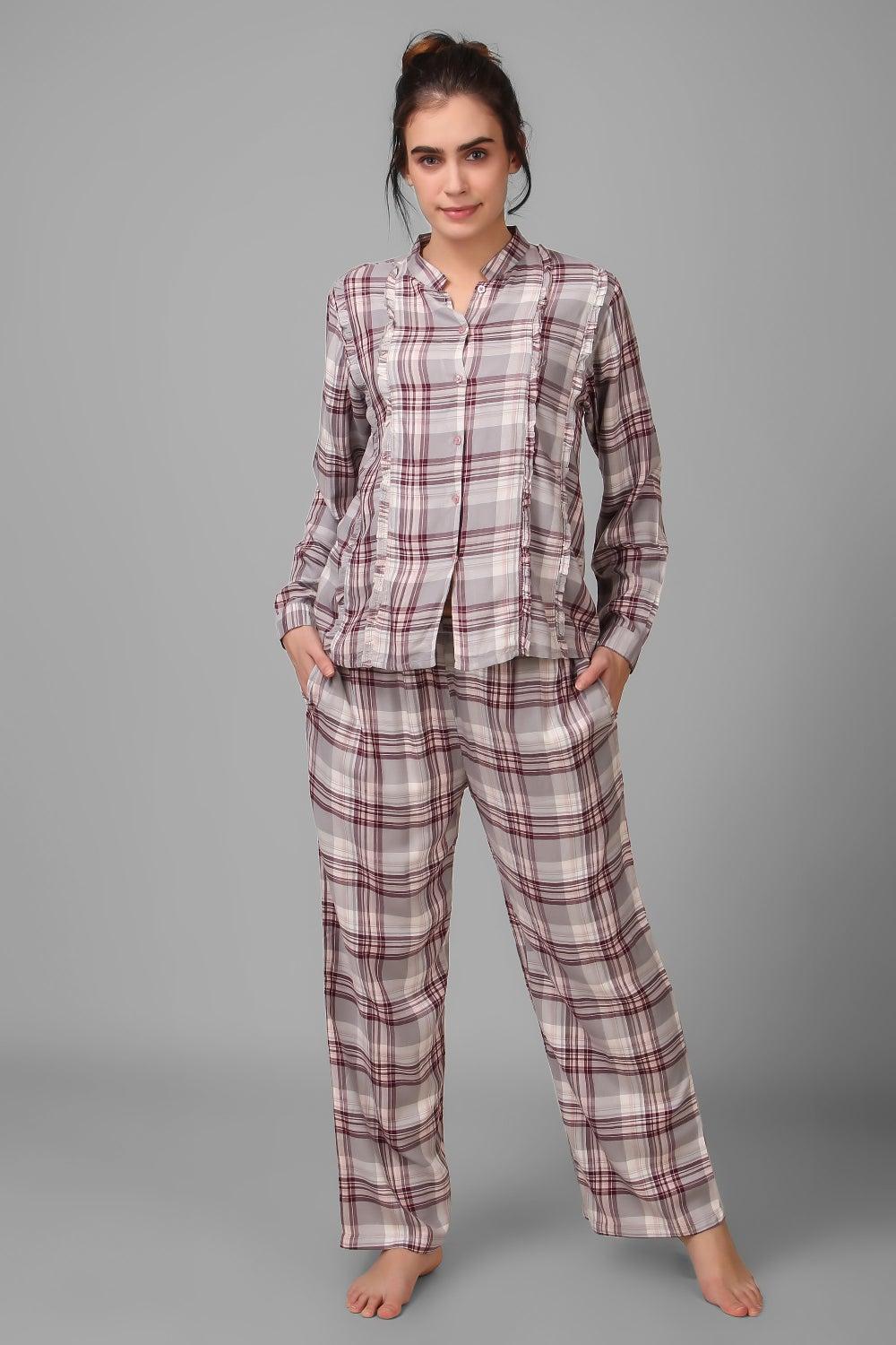 Hilary Cotton Pyjama Suit – Purple Grey Comfort Set - Image 1