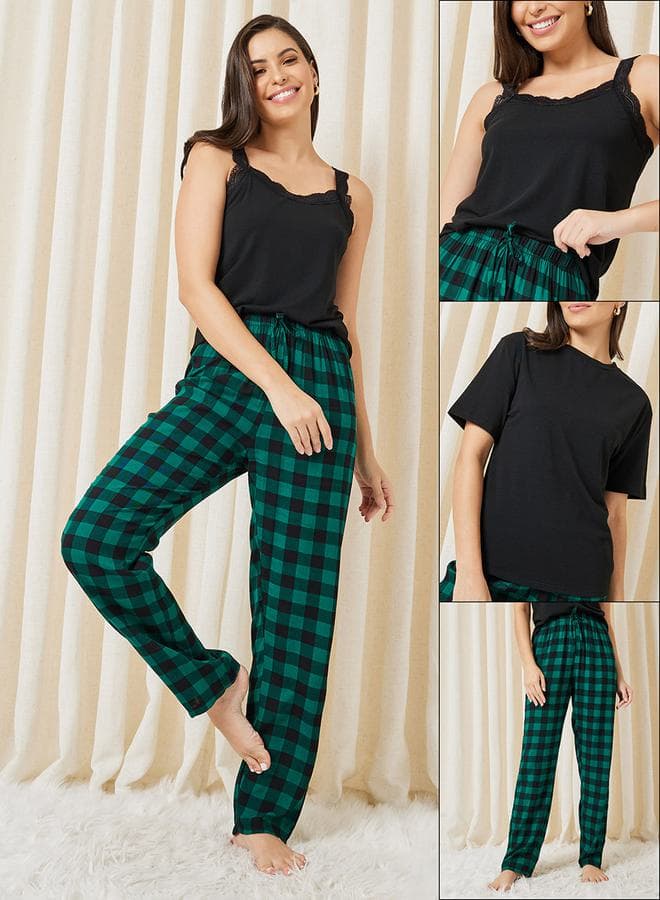 3-Piece Lace Trim Cami & Checked Pyjama Set - Image 1