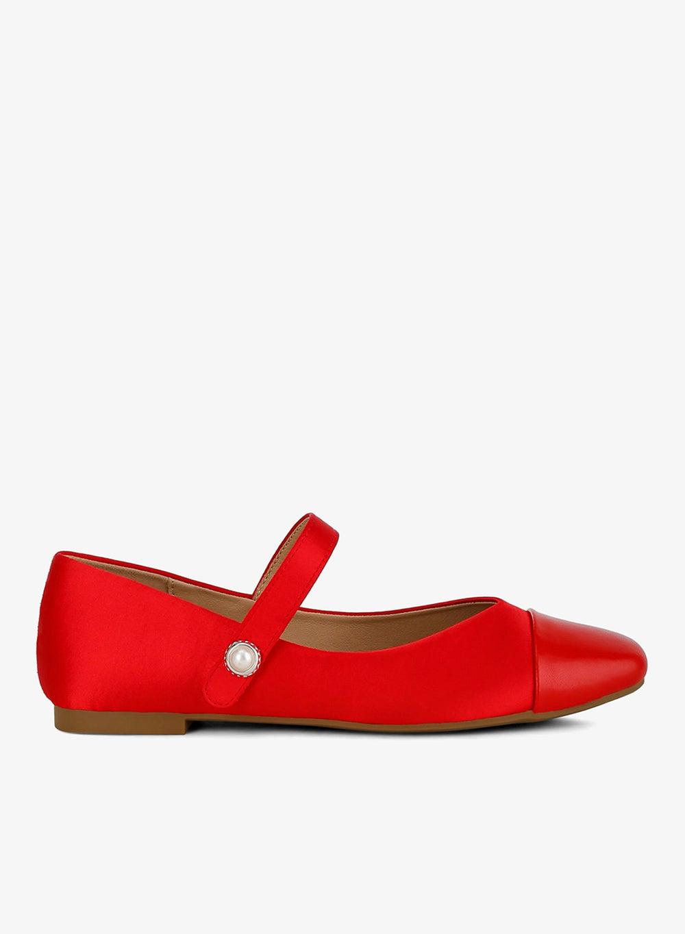 Red Satin Mary Jane Flats with Patent Toe Sh4540 - Image 1