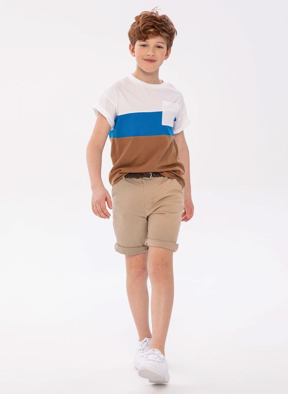 Boys Contrast Panel Cotton T-Shirt White Blue Brown - Image 1