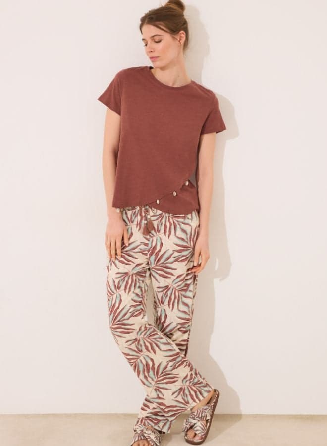 Brown Leaf Print Straight Fit Viscose Trouser 370967022 - Image 1