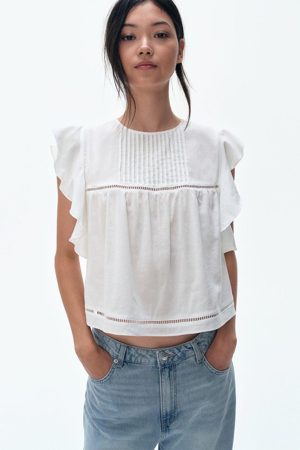 White Light Flutter Sleeve Lace Pintuck Blouse - Image 1