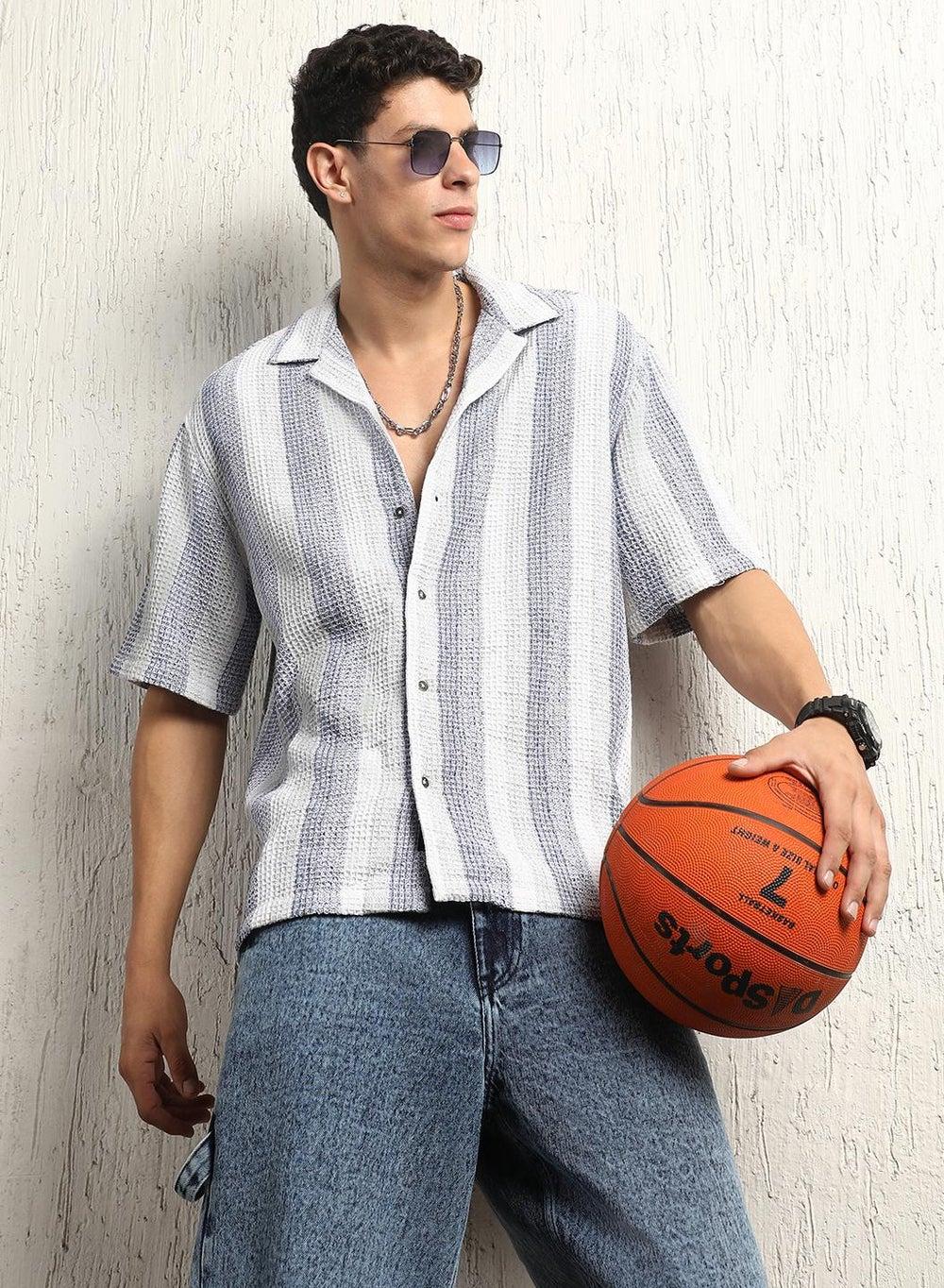 Blue Waffle Stripe Cotton Shirt – Relaxed Half Sleeve - Image 1