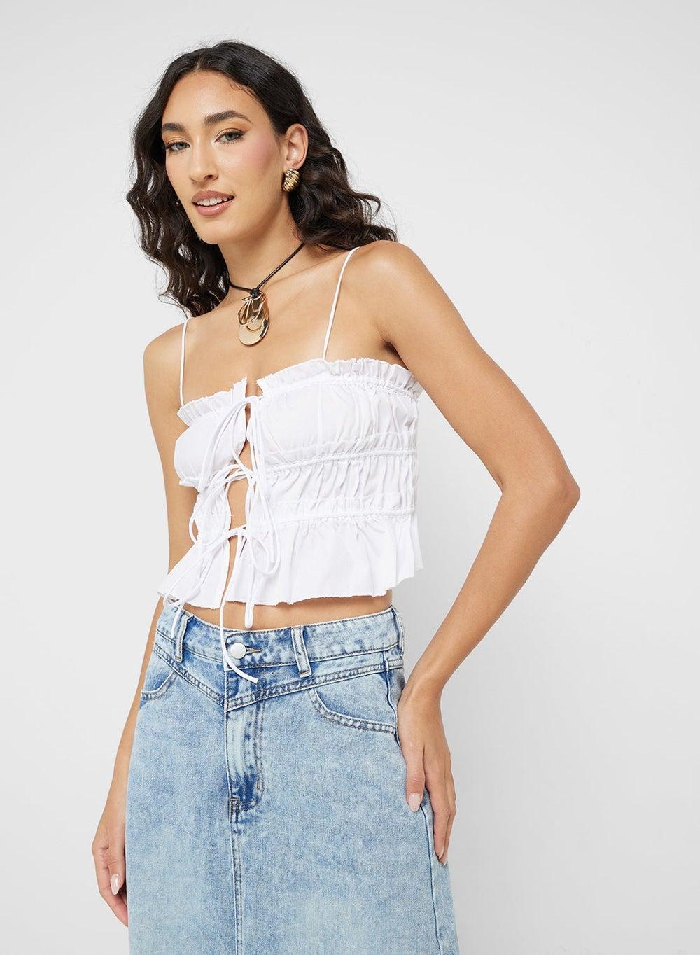 Shirred Tie-Up White Cropped Cami T092019 - Image 1