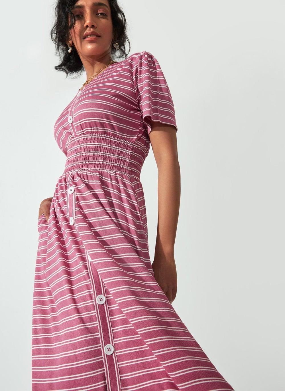 Rose Pink Stripe Smocked Midi Dress - Image 1