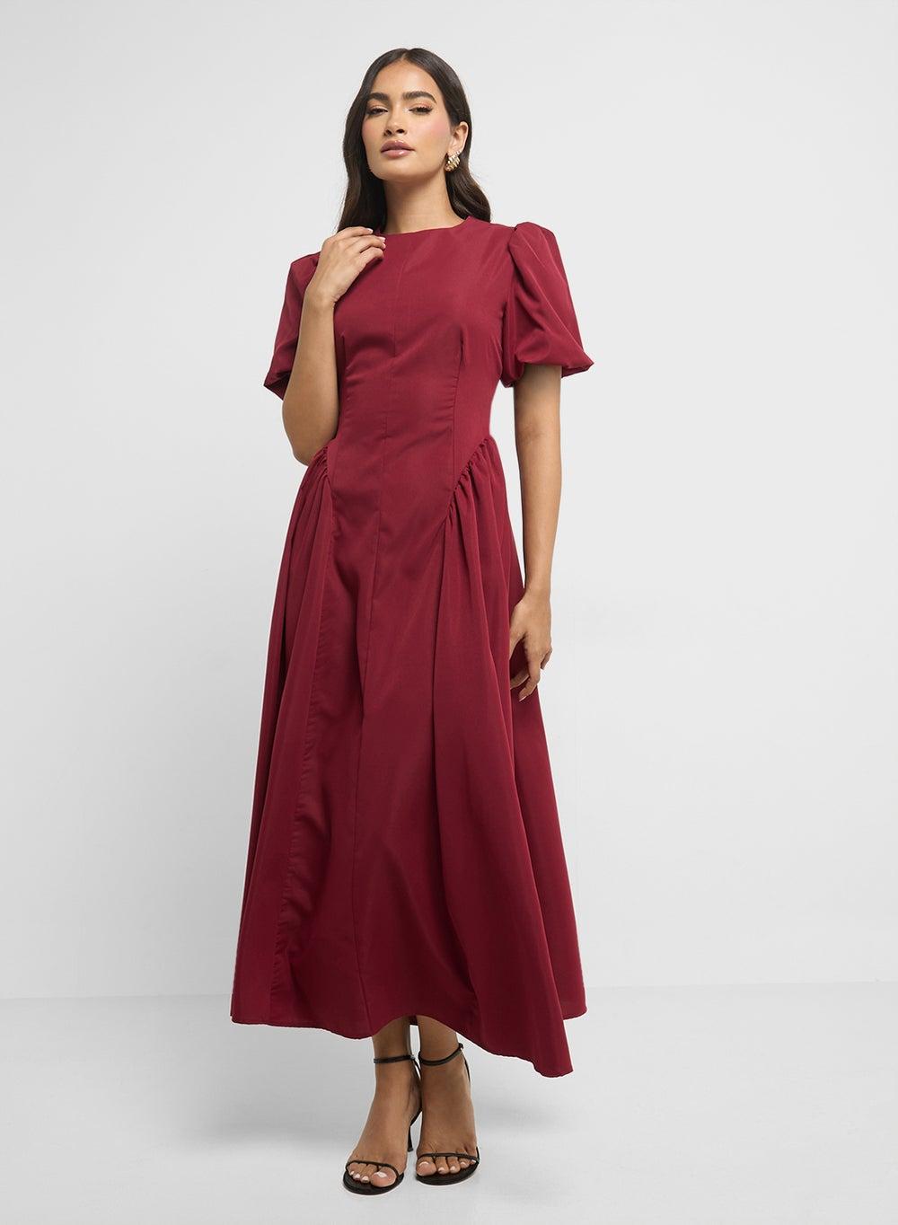 Burgundy Puff Sleeve Midi Dress Ly8023 - Image 1