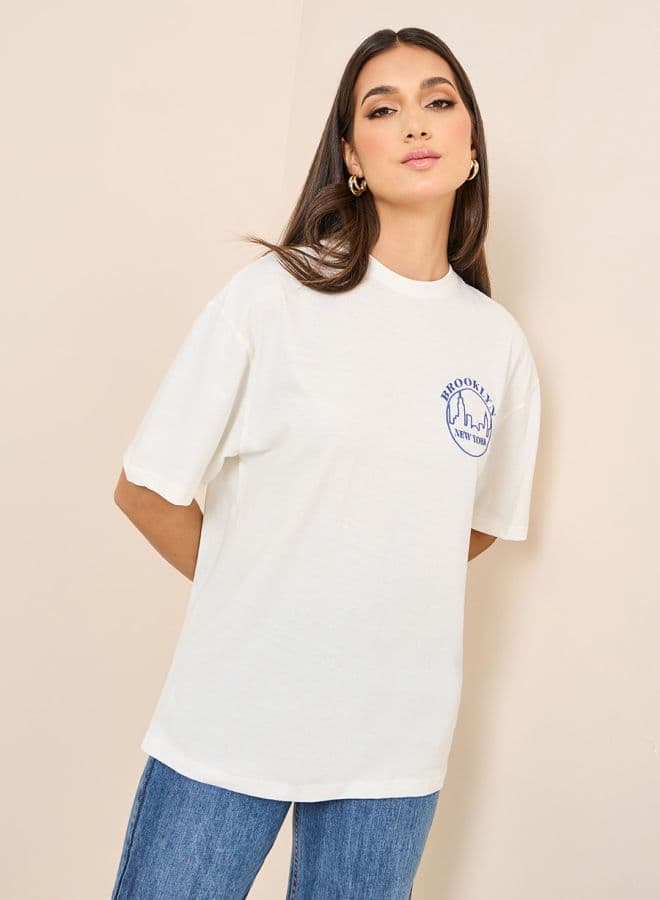 Oversized Brooklyn Embroidered Longline T-Shirt 7004531628Pink - Image 1