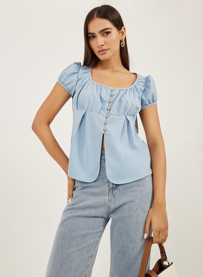 Styli Blue Puff Sleeve Buttoned Gathered Blouse 7012395801 - Image 1