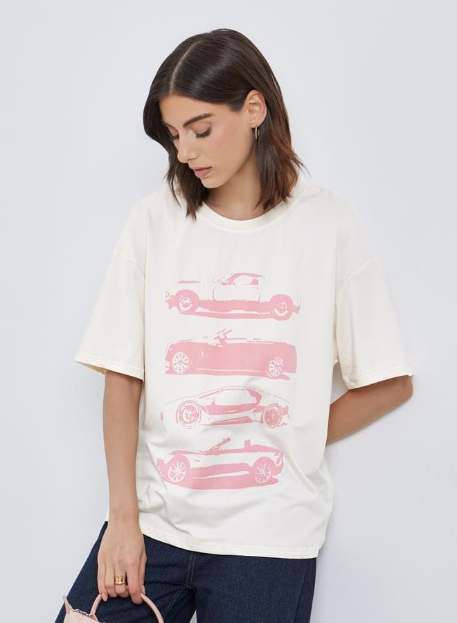 Beige Graphic Print Oversized Round Neck T-Shirt - Image 1