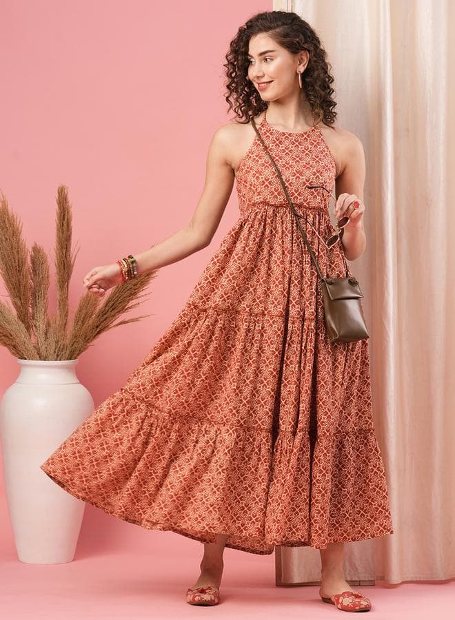 Globus Red Printed Tiered Maxi Dress Halter Neck - Image 1