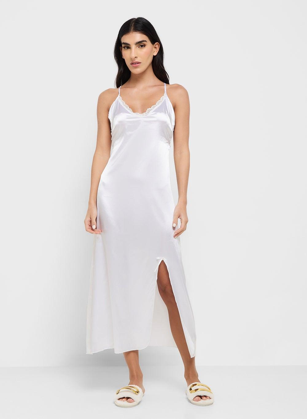 White Night Slip Dress 250319 Elegant Slit Design - Image 1