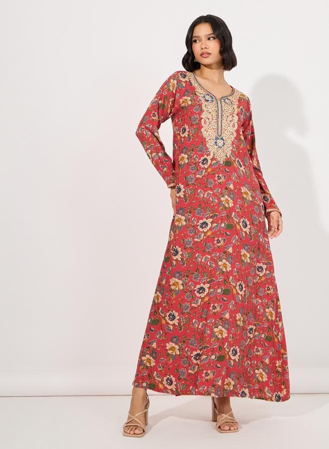 Floral Rayon Mukhawar Jalabiya 7009662228Red Maxi Dress - Image 1