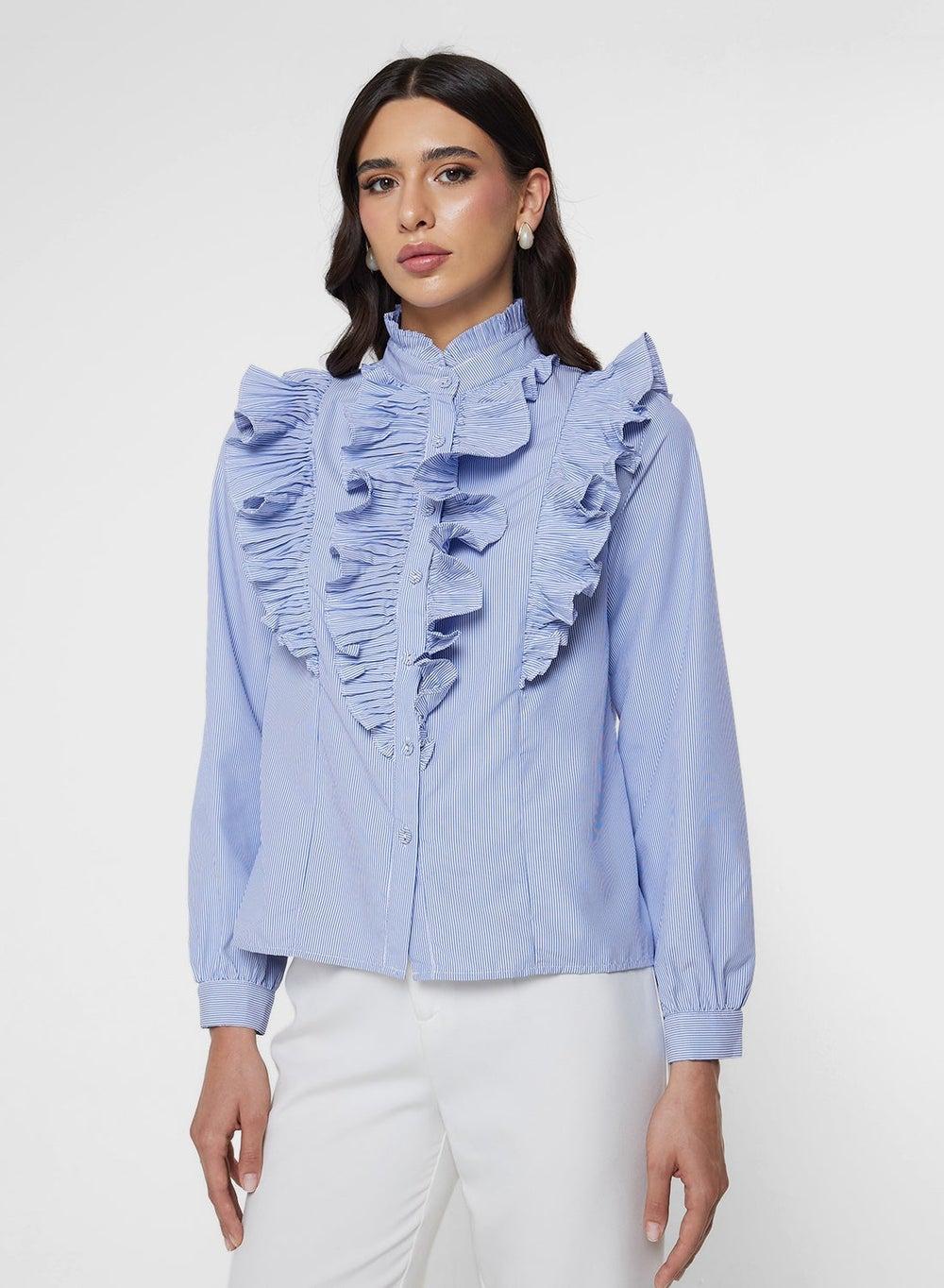 Blue Striped High Neck Ruffle Button Shirt Zh241023 - Image 1