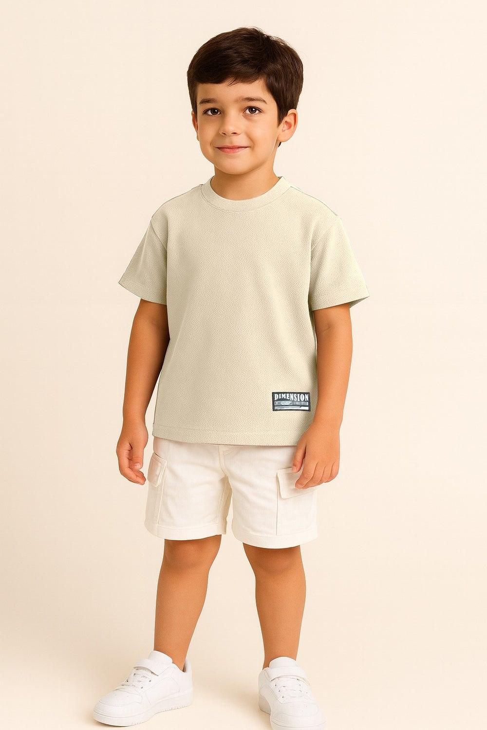 Junior Boys Beige Textured Cotton T-Shirt NYC Patch - Image 1