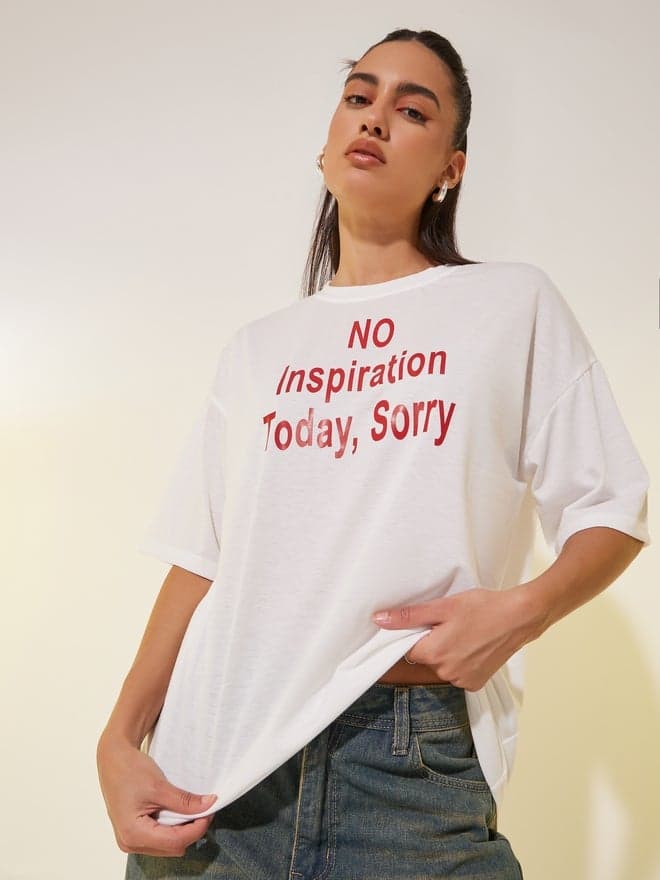 White Slogan Print Round Neck Cropped T-Shirt - Image 1