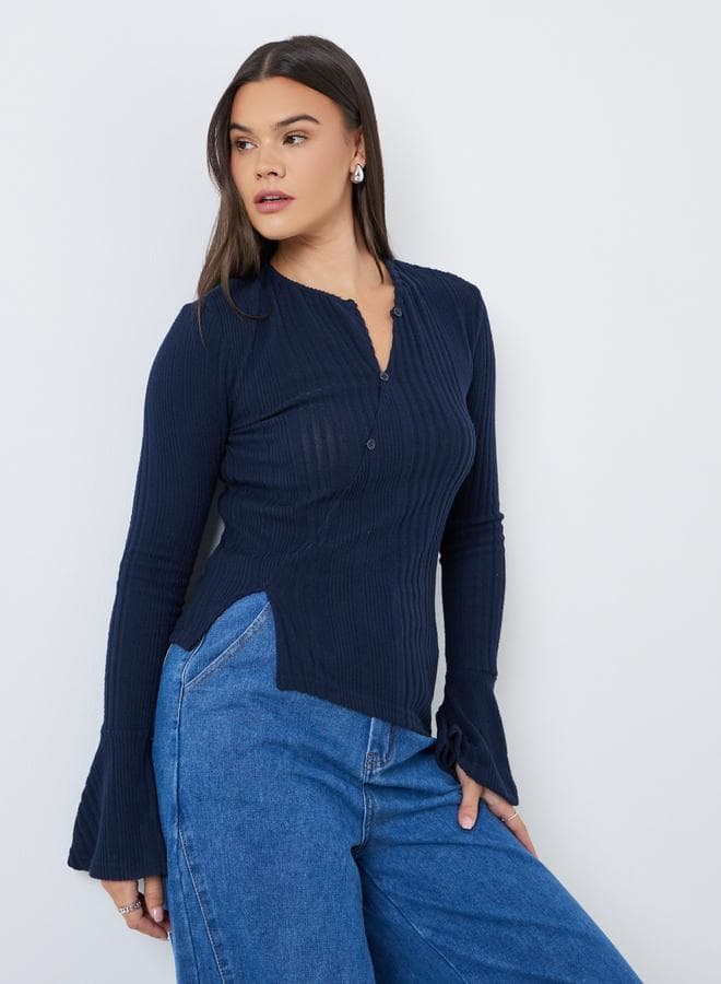 Styli Navy Fitted Knit Top Bell Sleeve Blouse - Image 1