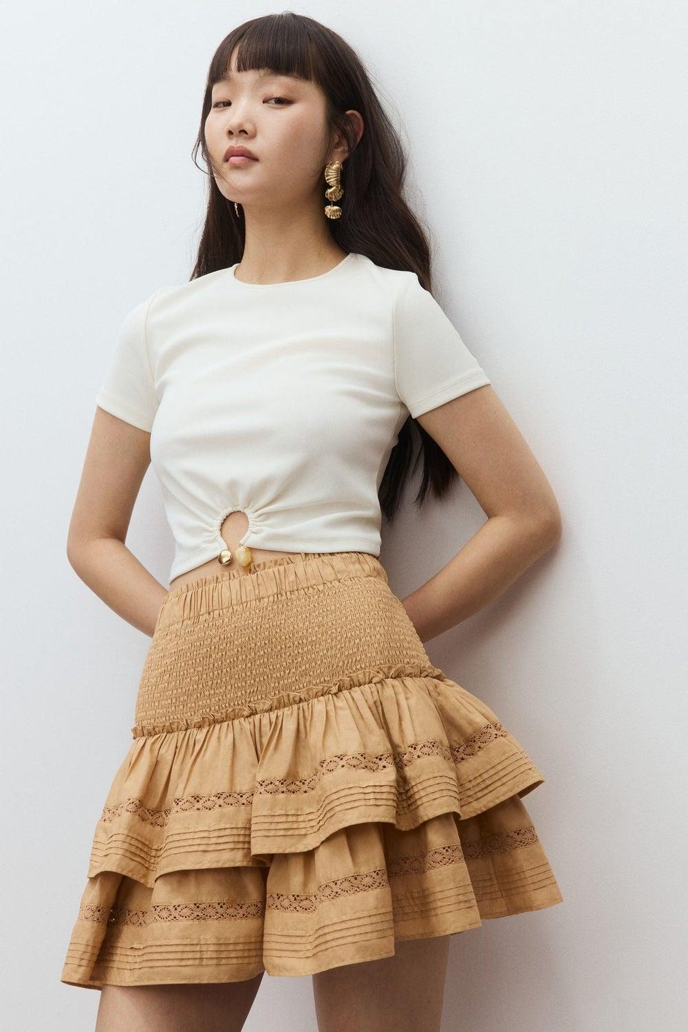 Beige Lace-Inset Tiered Mini Skirt - Image 1
