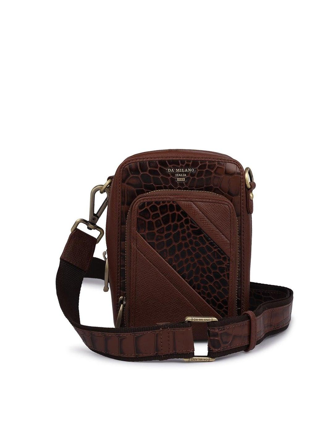 Da Milano Brown Genuine Leather Textured Sling Bag - Image 1
