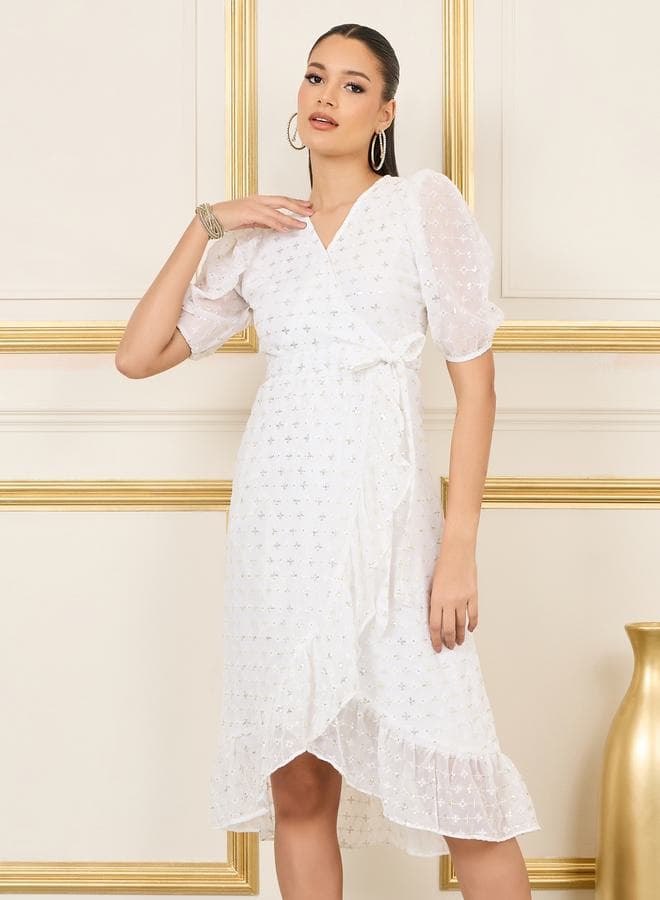 Styli Sequin Puff Sleeve Wrap Midi Dress 7007637236 - Image 1