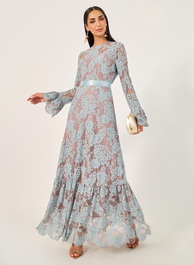 Styli Lace Satin Bow Tie Floral Maxi Dress 7006747938 - Image 1