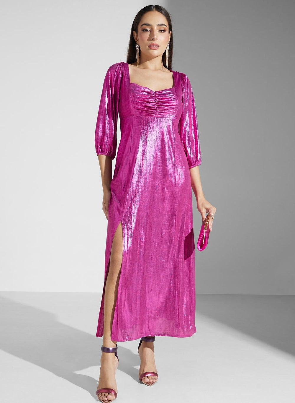 Fuchsia Metallic Ruched Maxi Dress Eldx21 - Image 1