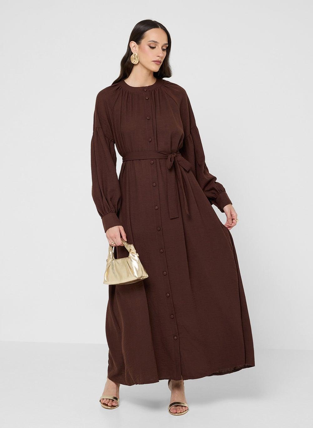 Dark Brown Button-Front Maxi Shirt Dress Long Sleeve - Image 1