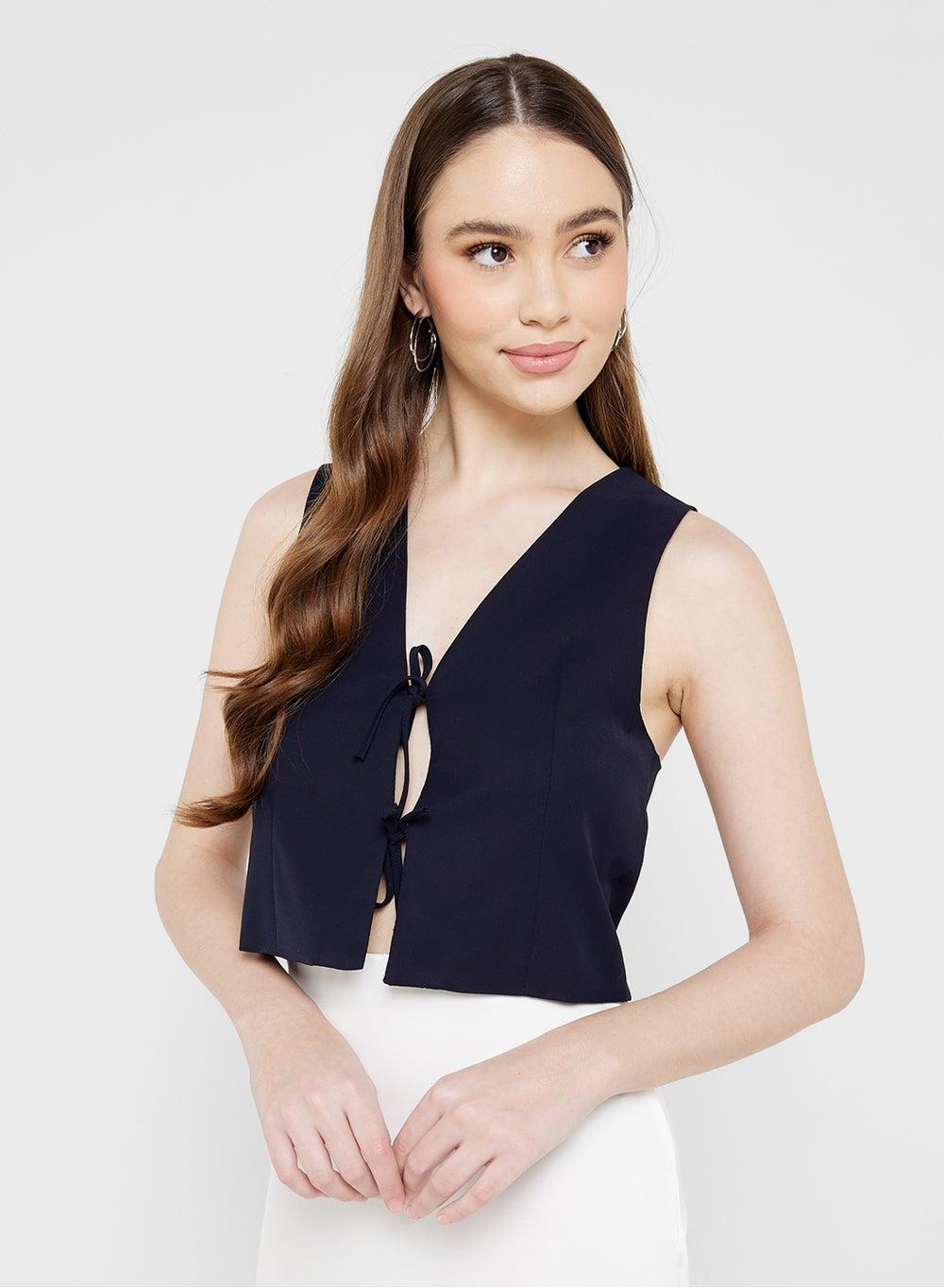 Black Front Tie Vest Blazer Blz24903 - Image 1