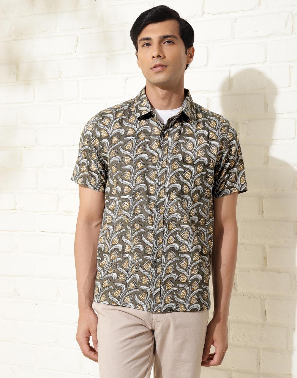 Grey Cotton Hand Block Floral Shirt - Image 1