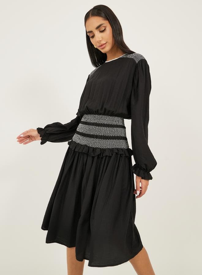 Black Shirred Waist A-Line Midi Dress 7011761301 - Image 1