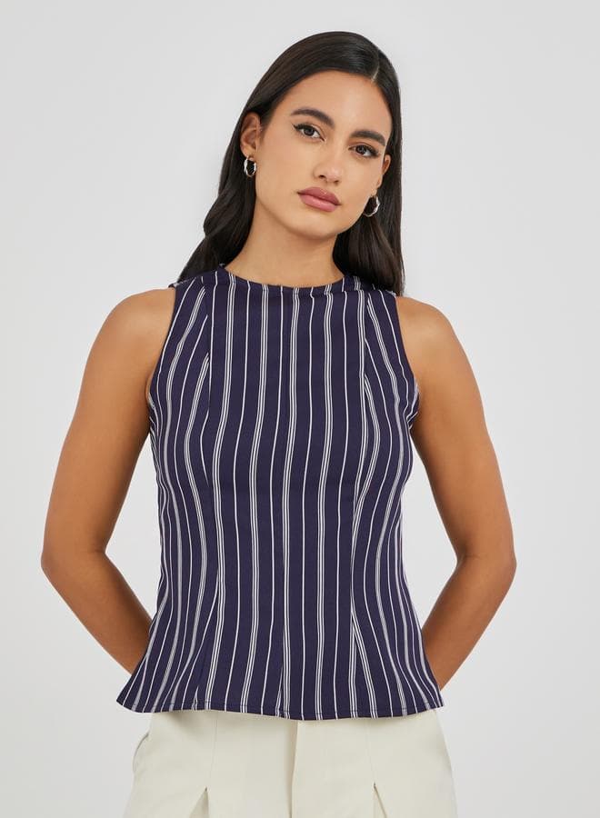 Blue Striped Sleeveless Peplum Top – Round Neck - Image 1