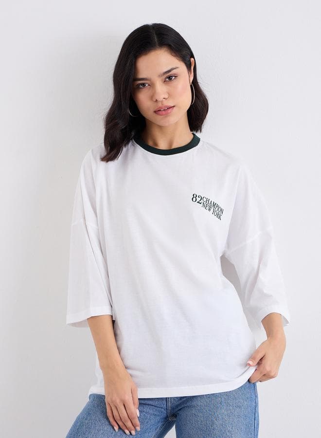 White Oversized Cotton T-Shirt with Contrast Trim Detail - Image 1