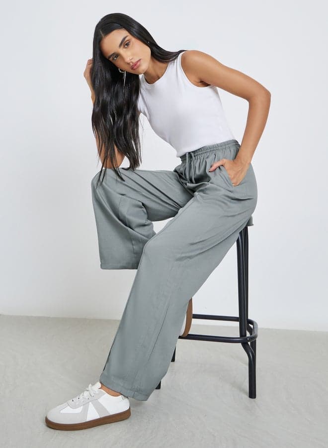 Styli Grey Pintuck Wide Leg High-Rise Pants - Image 1