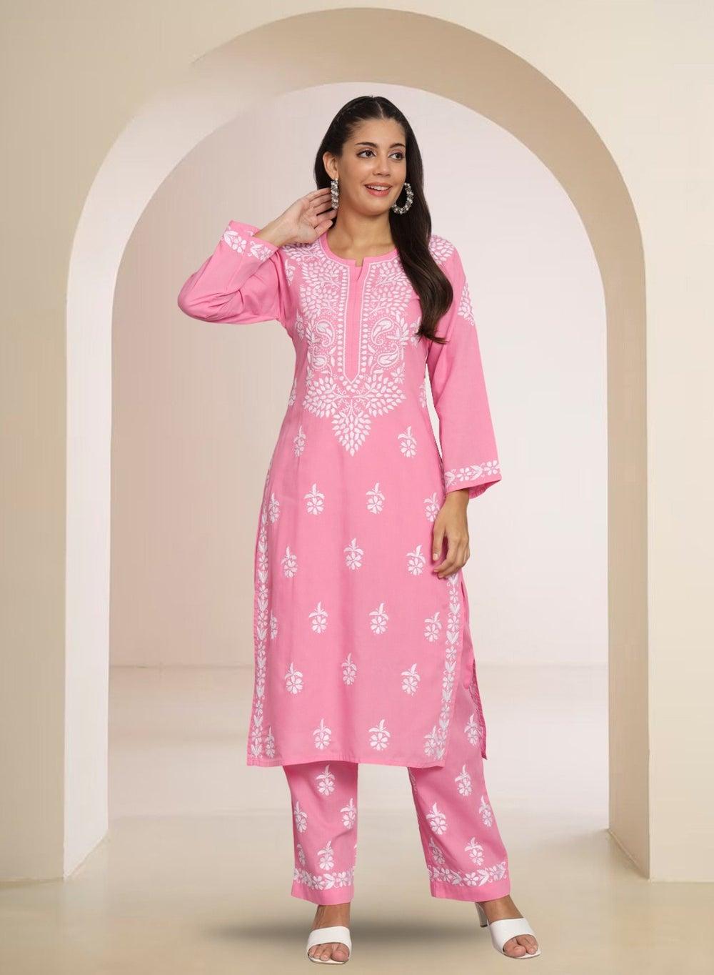 Pink Chikankari Cotton Kurta Set AL3674KS - Image 1
