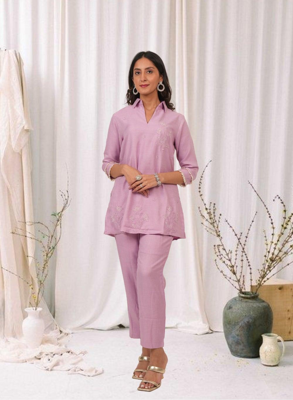Blush Pink Embroidered Cotton Kurta Pant Set - Image 1