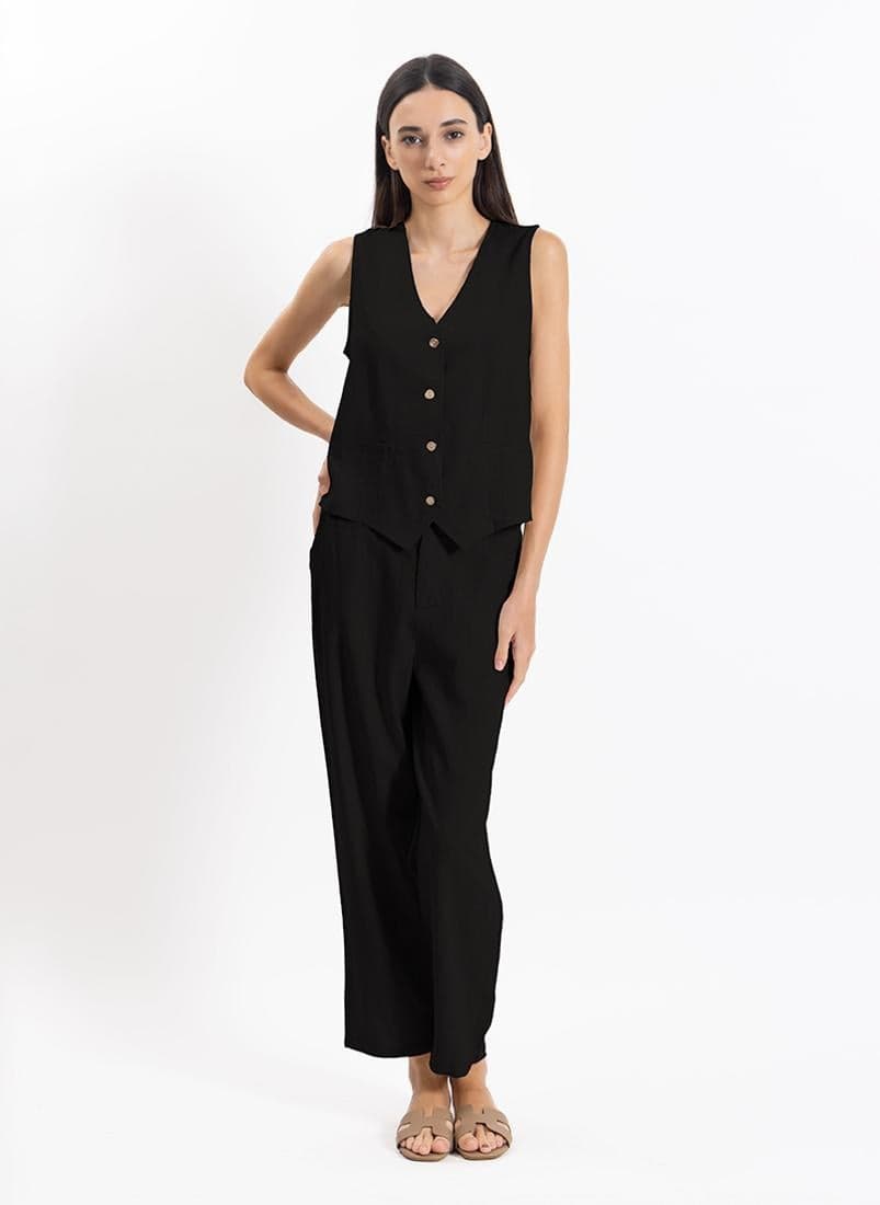 Black Linen Blend Waistcoat & Pants Set - Image 1
