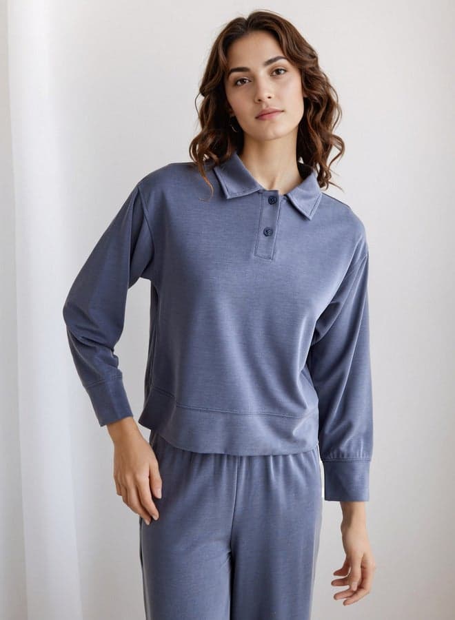 Blue Viscose Collared Pyjama Set for Women - Image 1