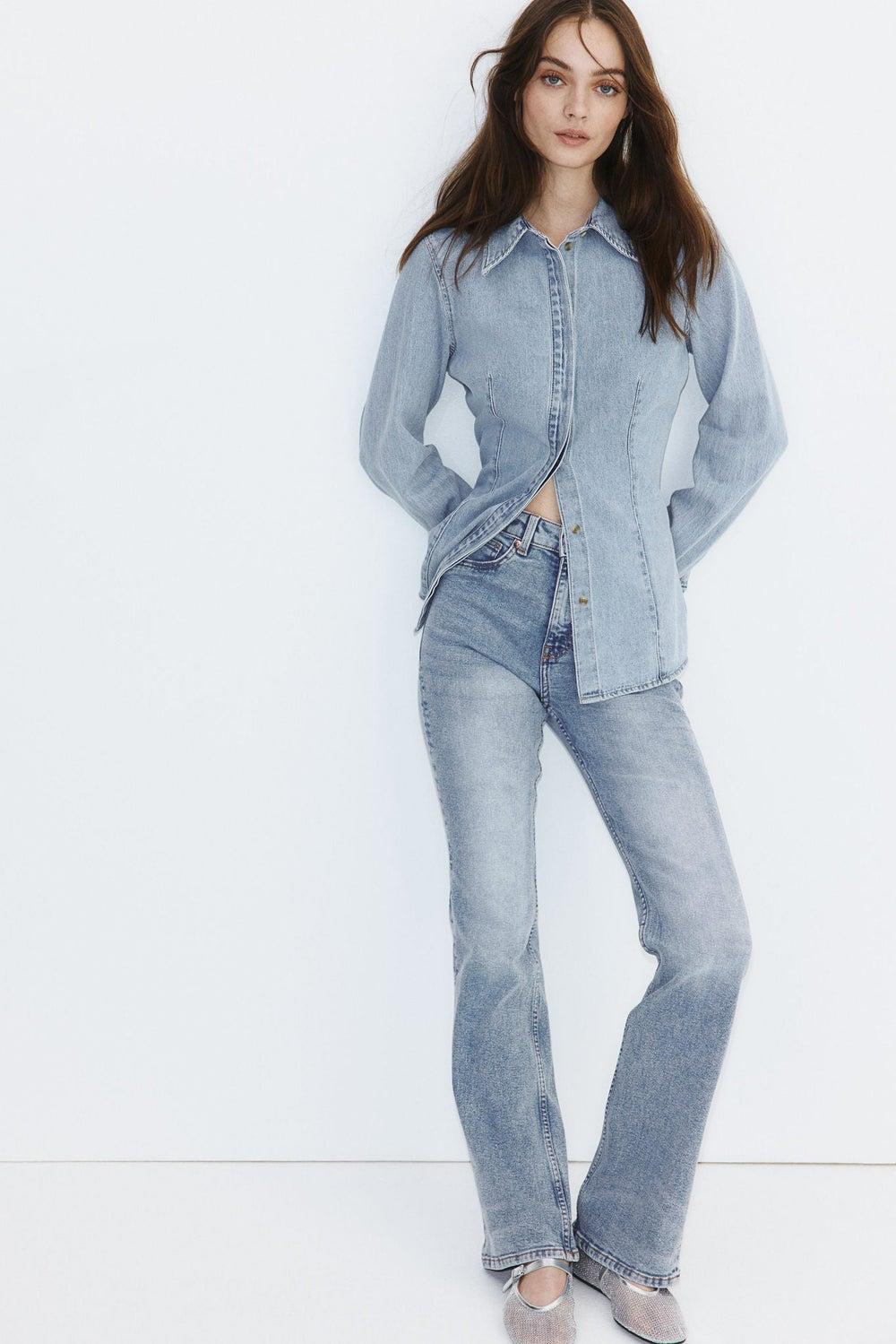 High-Waist Flared Jeans in Light Wash Denim - Image 1