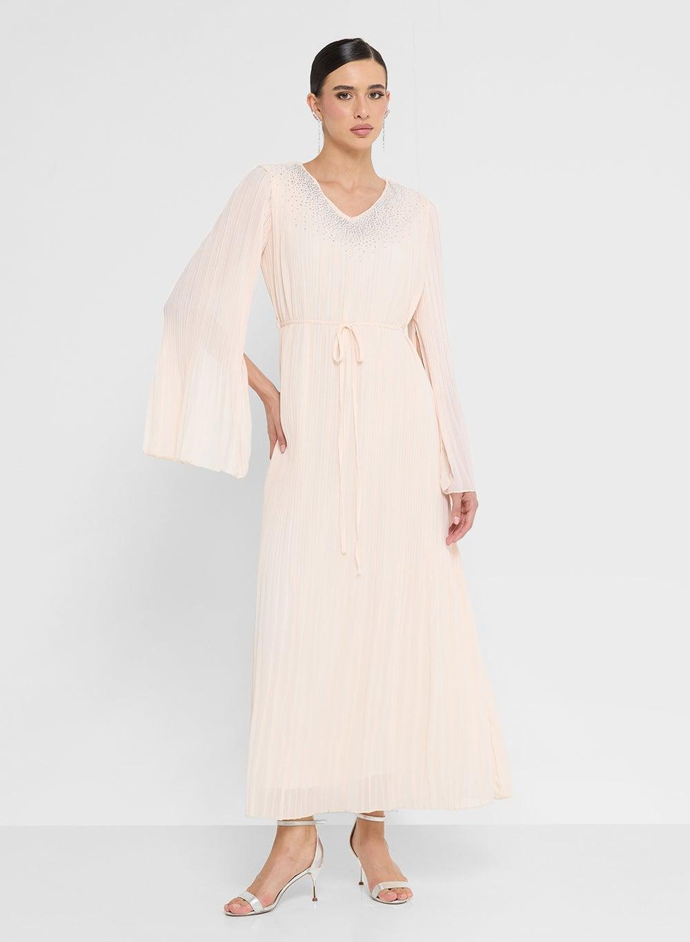 Pale Pink Embellished Maxi Dress Wes23 Slit Sleeves - Image 1