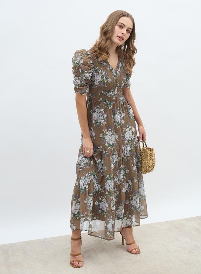 Taupe Floral Chiffon Maxi Dress with Tiered Silhouette - Image 1
