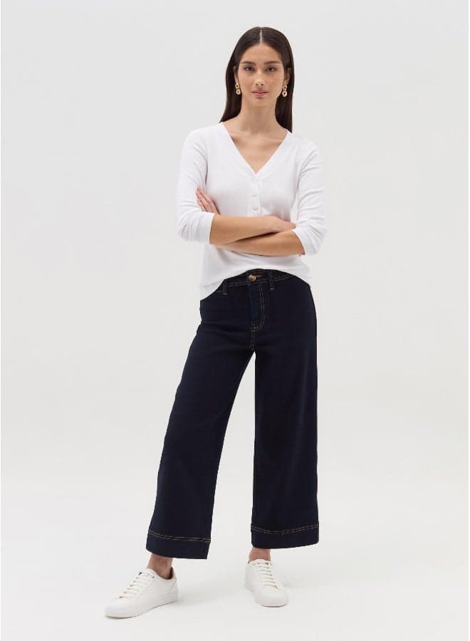 Dark Wash Wide-Leg Culotte Jeans High-Rise Fit - Image 1