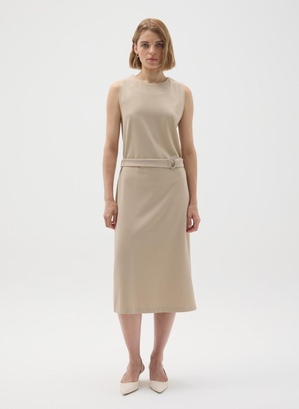 Beige Slim Fit Stretch Midi Dress - Image 1