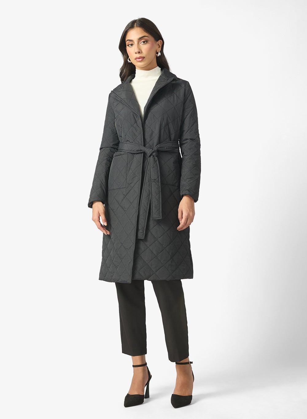 Mid-Length Quilted Belted Jacket CLT255258 Black - Image 1