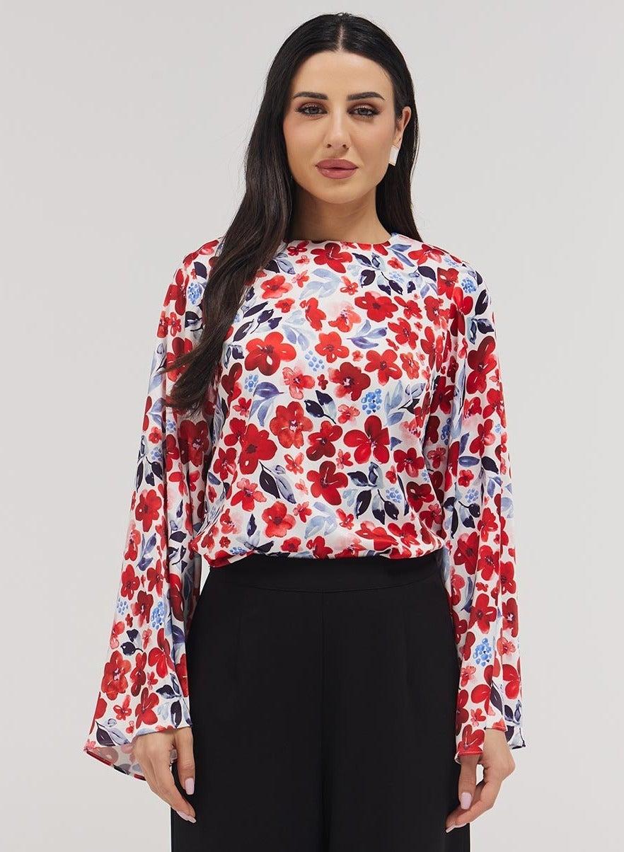 Red Printed Puff Sleeve Top with Flared Detail - Image 1