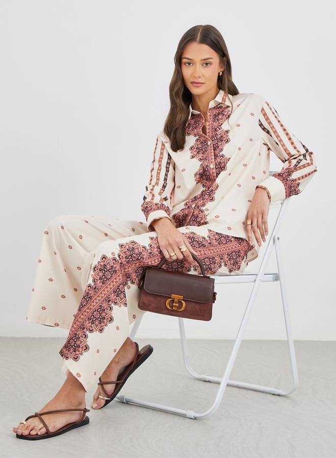 Printed Long Sleeve Shirt & Wide Leg Co-Ord Set - Image 1